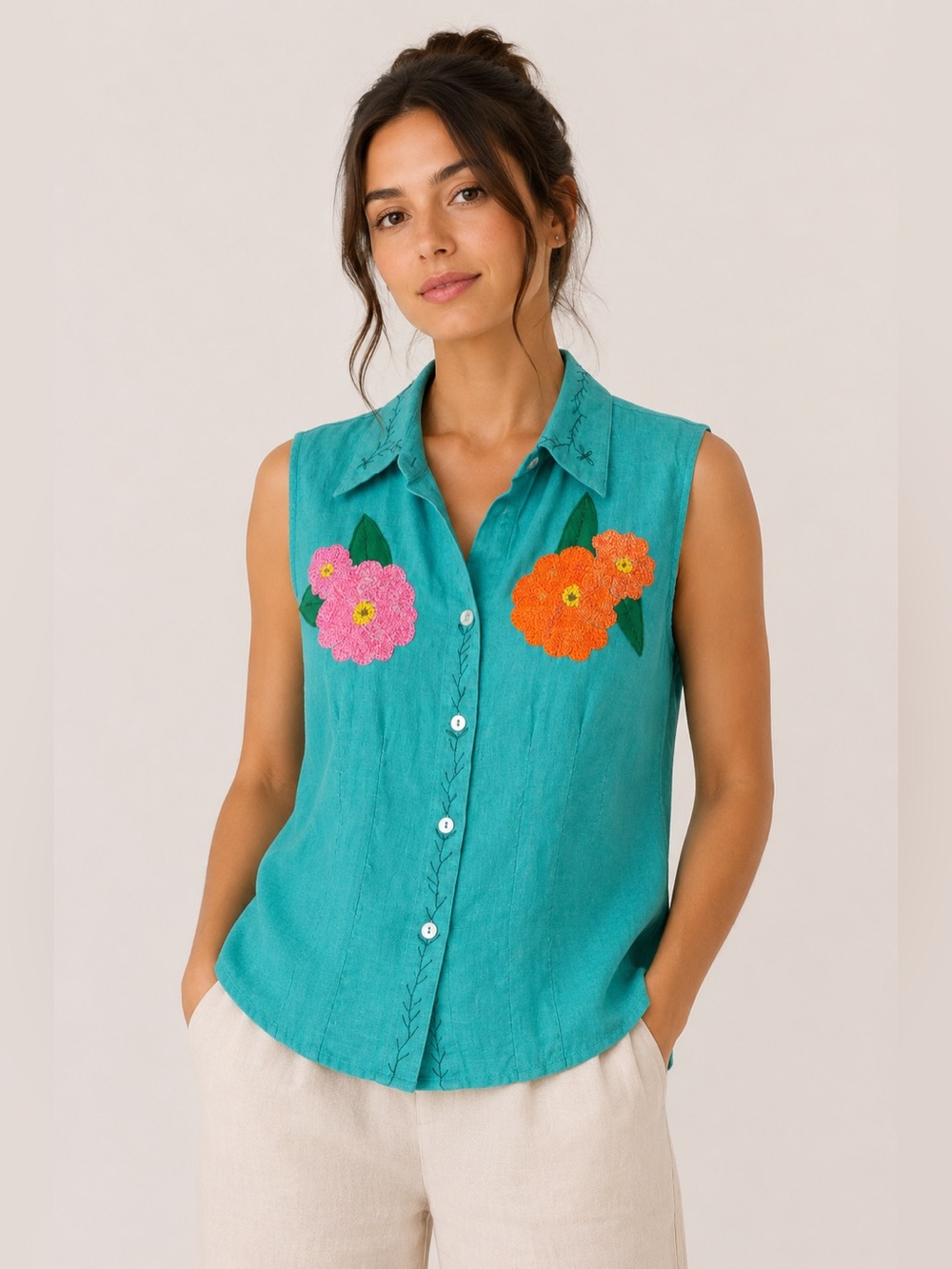 Boho Cottagecore 100% Linen Button Down Top Embroidered Countrycore Prairie Twee